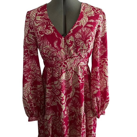 Lilly Pulitzer Tinslee Poinsettia Red V Neck Floral Long Sleeve Midi Dress Sz 4 - Picture 2 of 12